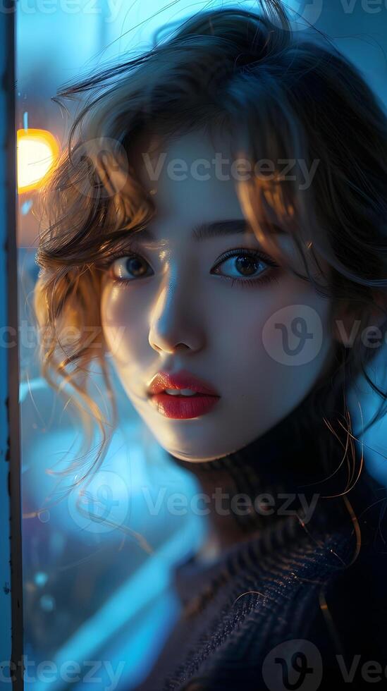 Woman With Blue Eyes and Red Lipstick. Generative by AI photo
