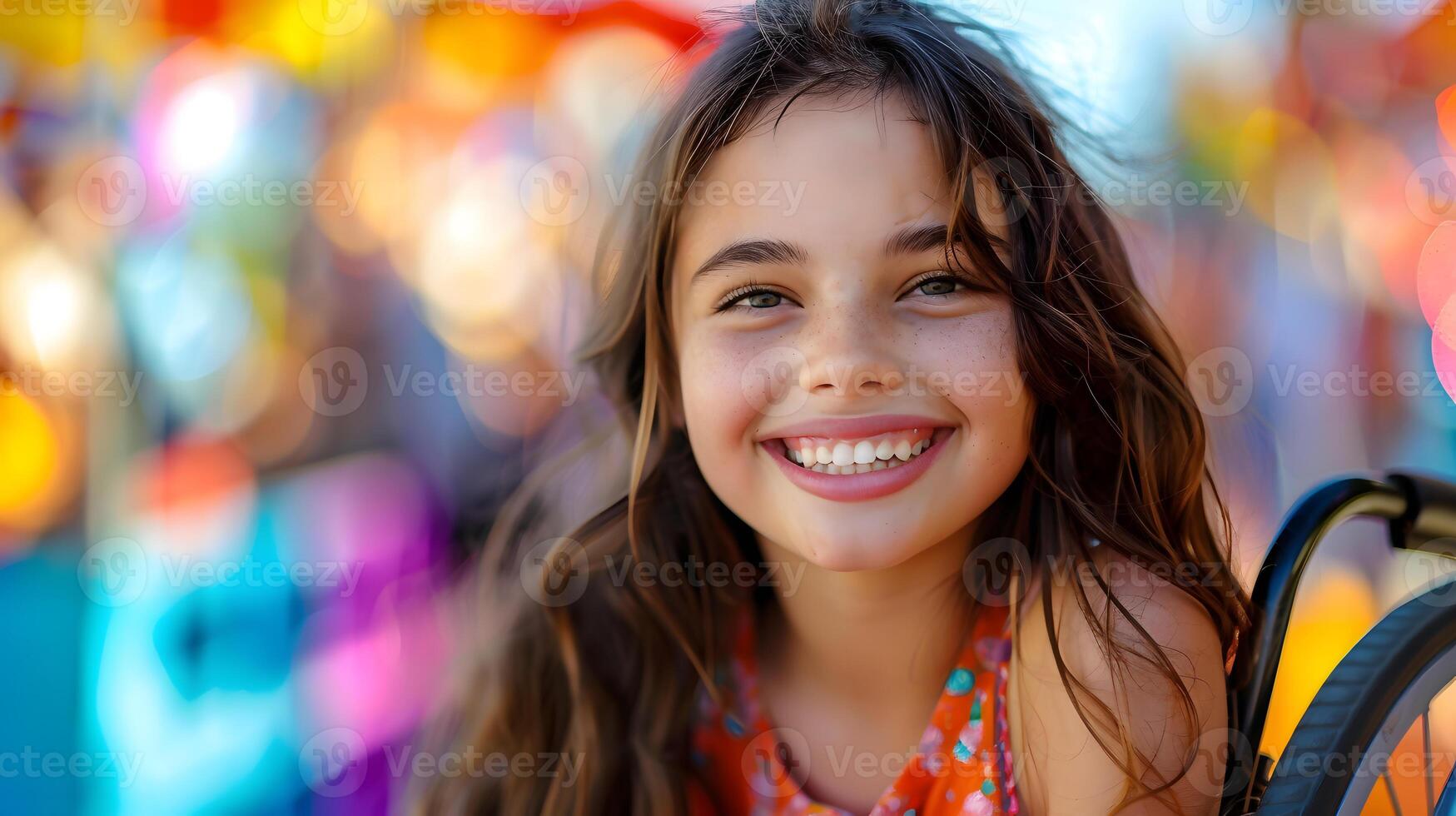 joven niña sonriente en silla de ruedas. generativo por ai foto