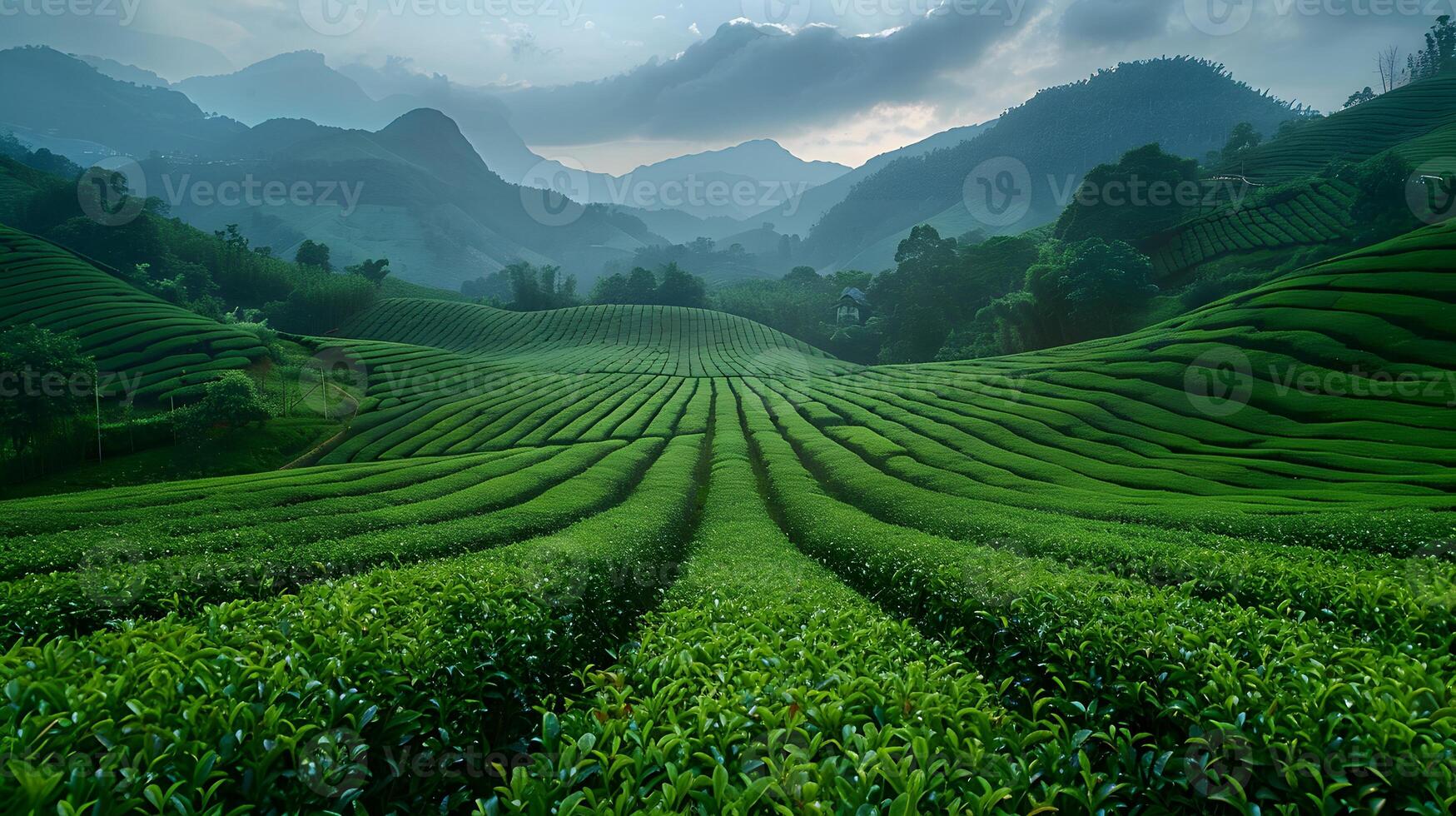 Green Field With Mountains. Generative by AI photo