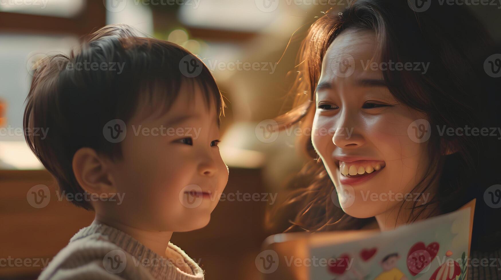 Woman looking at a Mother's Day card. Generative-AI photo