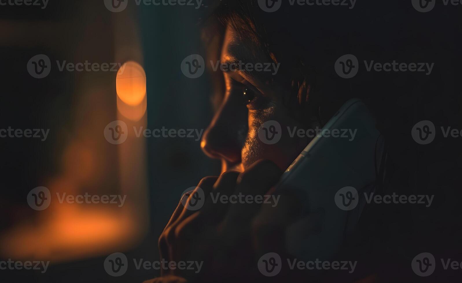 Woman Talking on Cell Phone in Dark. Generative by AI photo