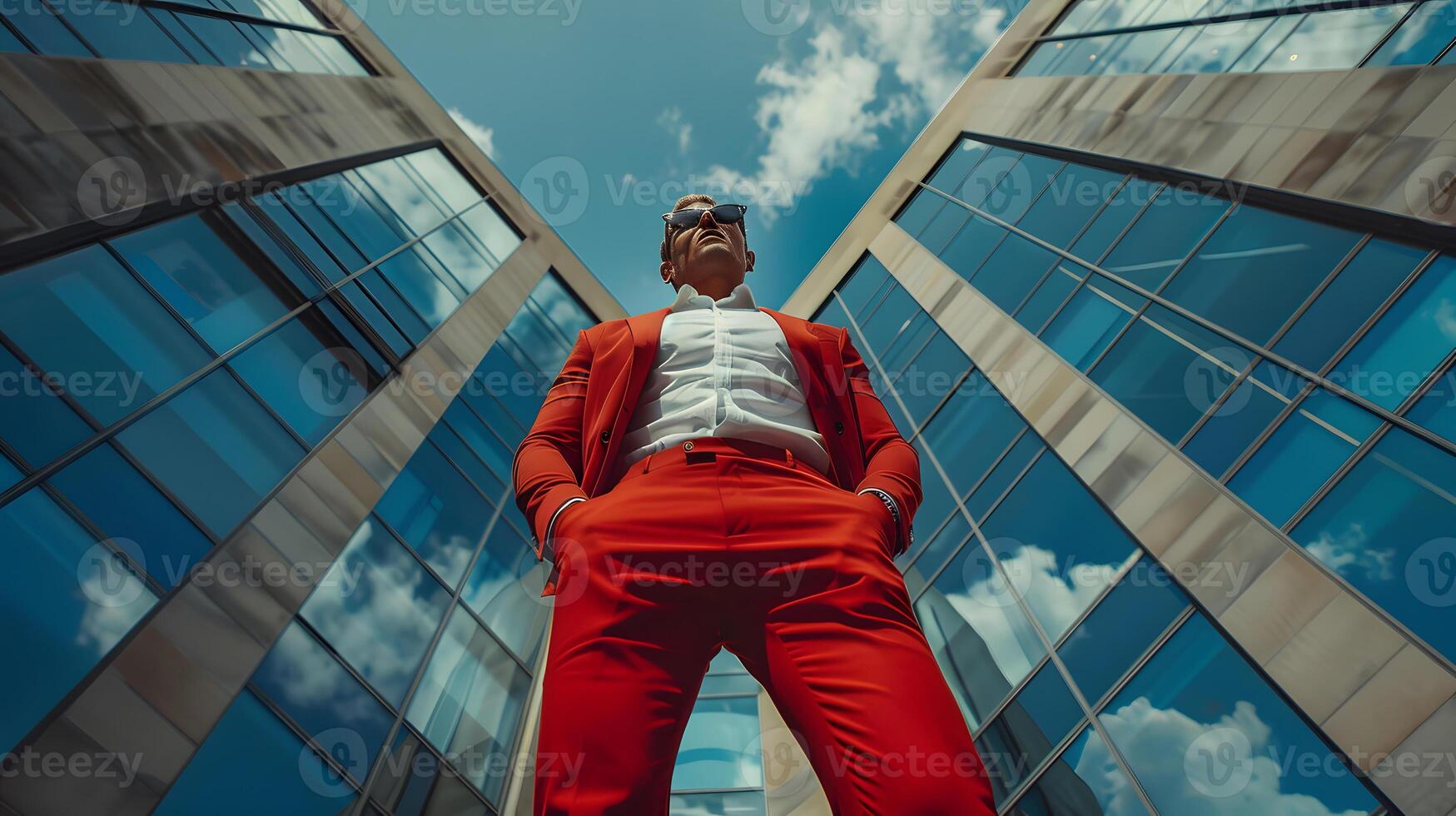 Man in Red Suit by Tall Building. Generative by AI photo