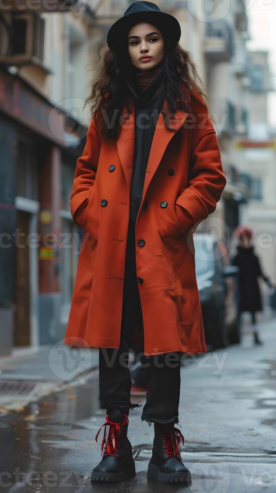 Woman in Red Coat and Hat on Sidewalk. Generative by AI photo