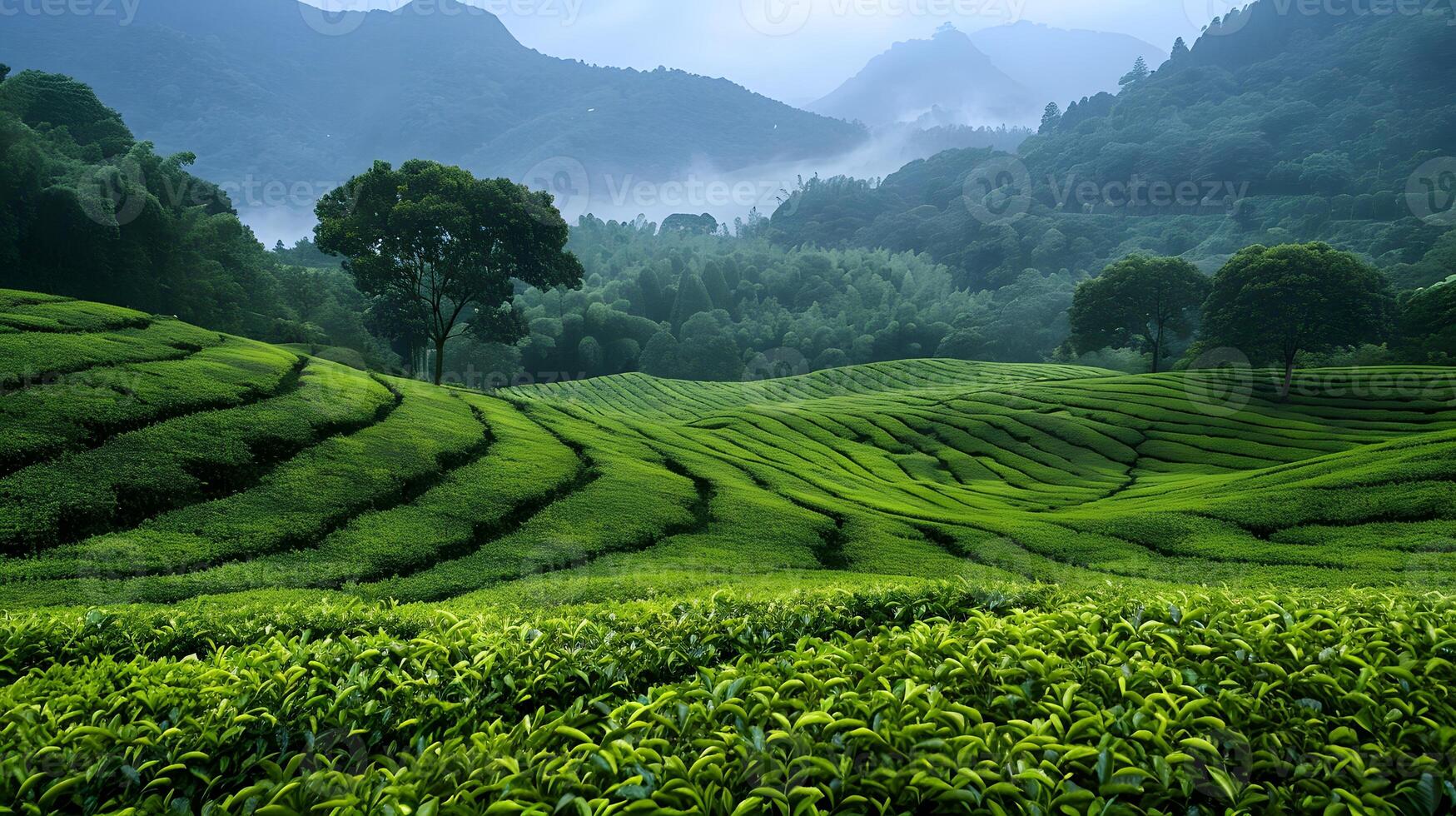 Green Field, Trees, Mountains Landscape. Generative by AI photo