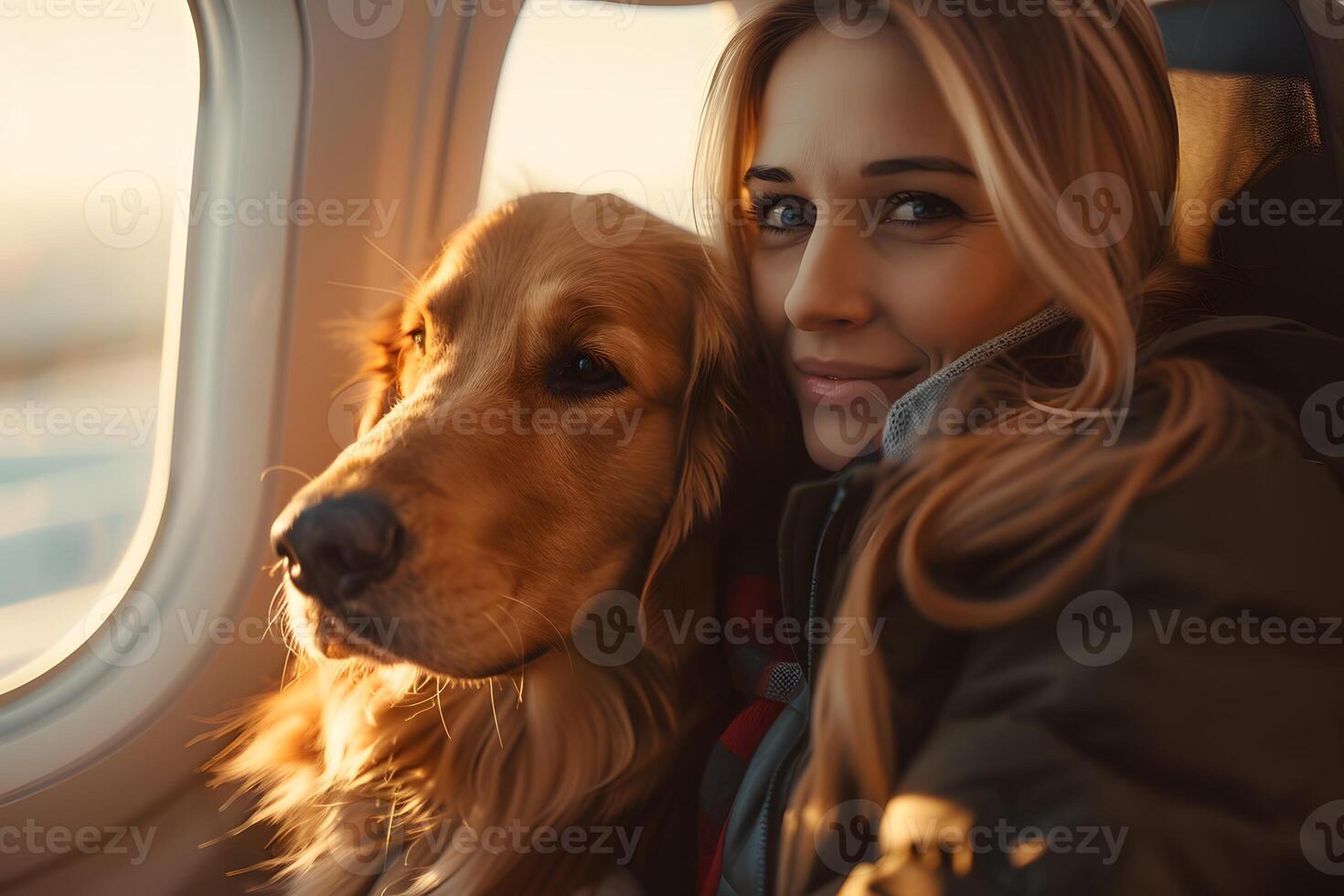 Woman and Dog Seated on Plane. Generative by AI photo