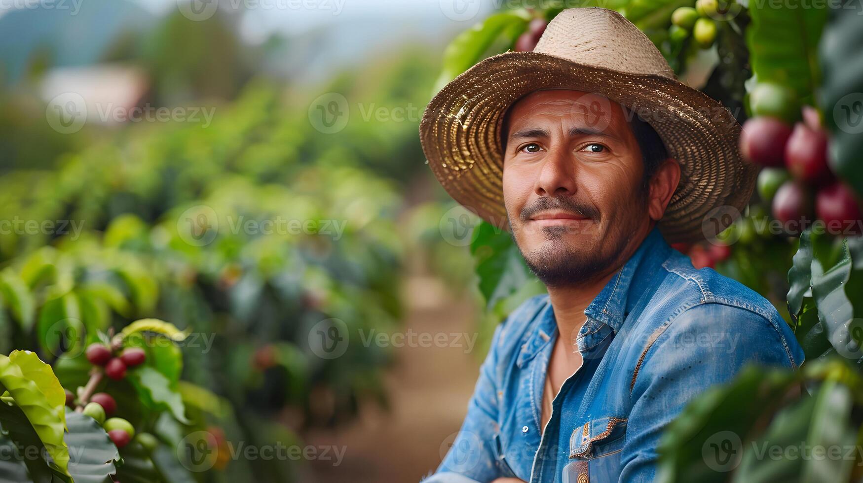 Man in Straw Hat on Coffee Farm. Generative by AI photo