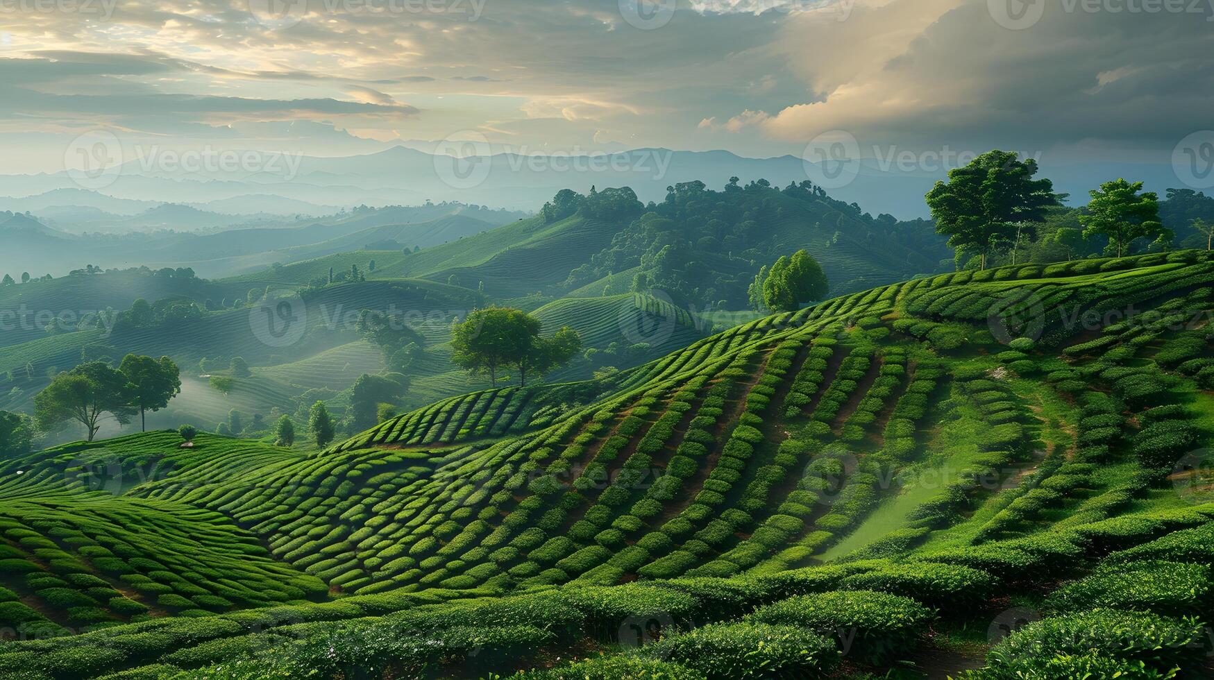 Sunset Over Lush Tea Plantation Hills. Generative-AI photo