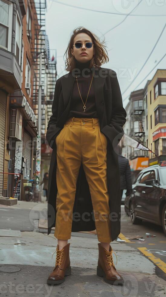 Woman Standing Roadside. Generative by AI photo