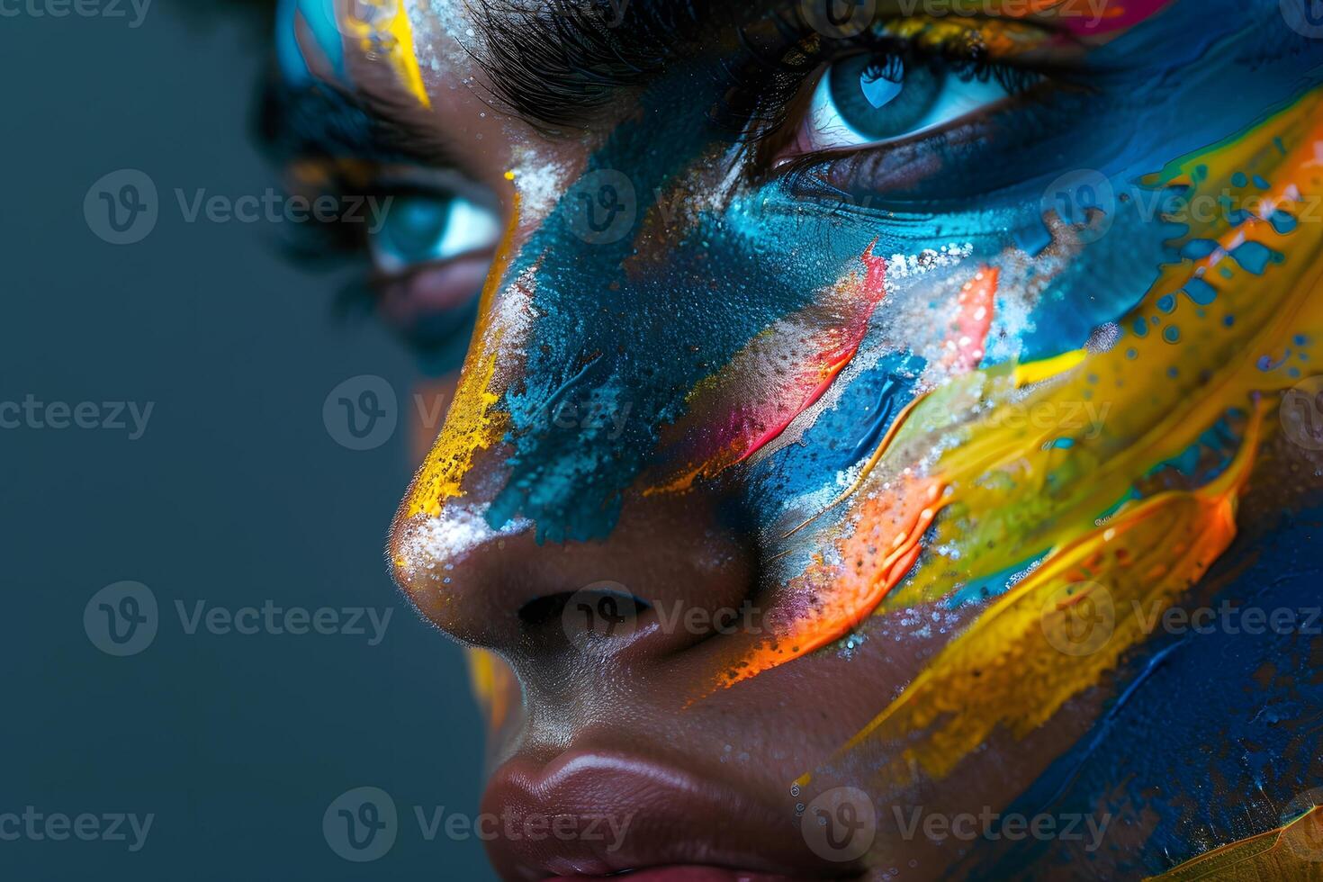 Close-Up of Colorful Face Paint on Man. Generative-AI photo