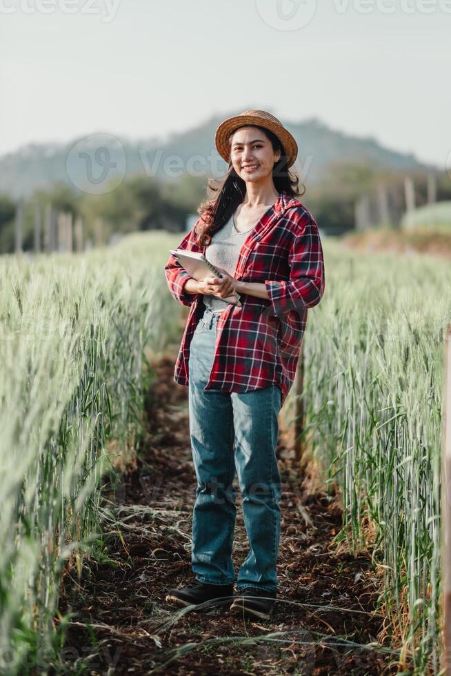 Happy female farmer with a notebook stands amidst tall wheat, wearing a straw hat and red plaid shirt in the field. photo