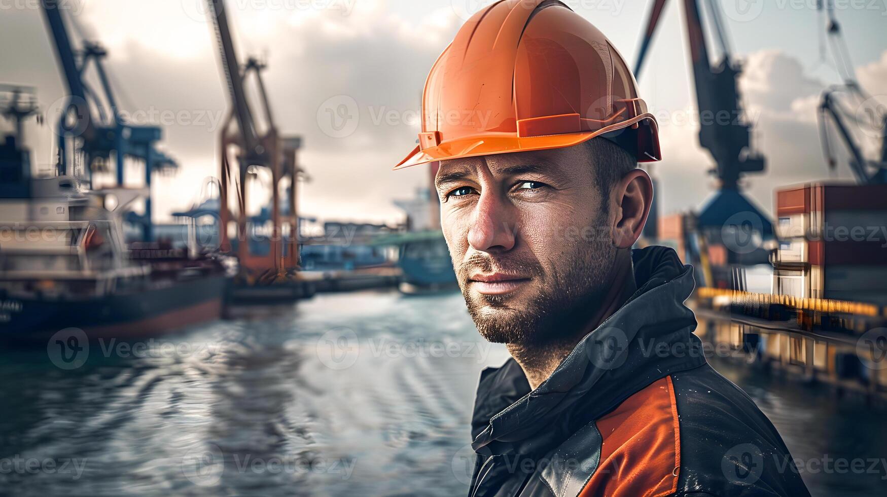Engineer Overlooking Harbor at Dusk. Generative-AI photo
