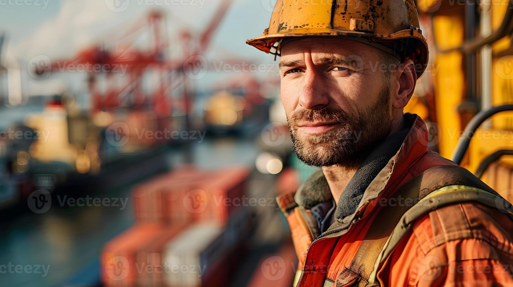 Worker in Hard Hat by Boat. Generative-AI photo