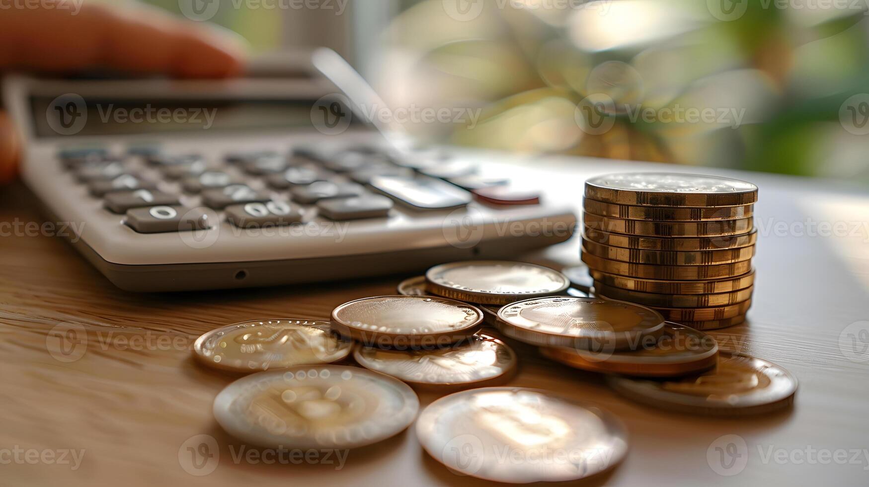 Calculator on Table With Coins. photo