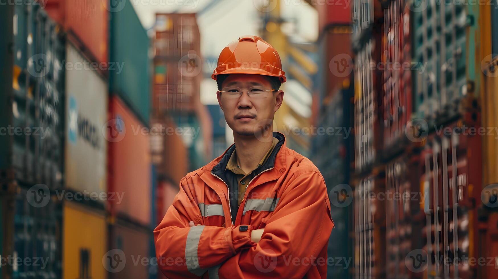 Port Worker Surrounded by Shipping Containers. Generative-AI photo