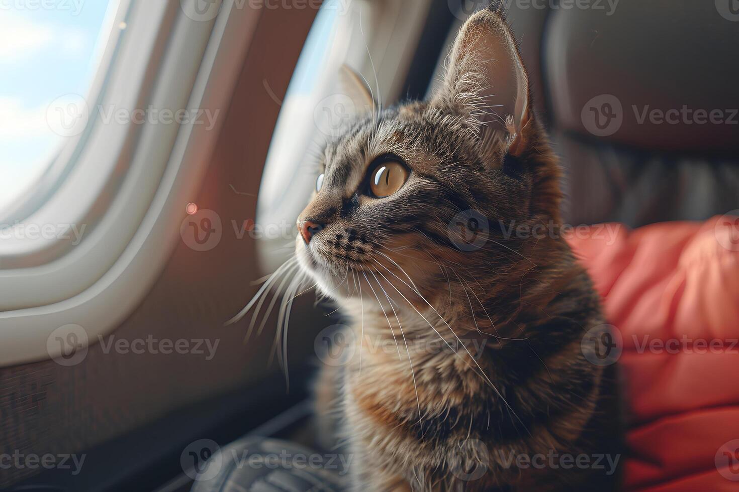 Cat Sitting on Seat, Looking Out Airplane Window. Generative-AI photo