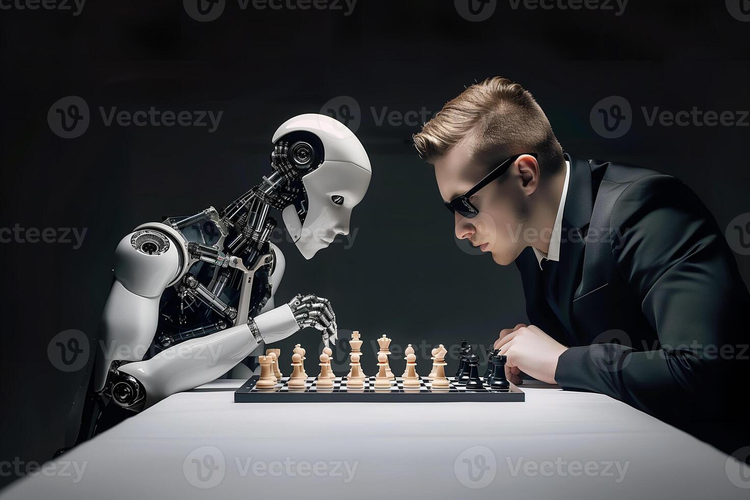 Businessman and AI robot playing chess. Concept of human and robot war in future photo