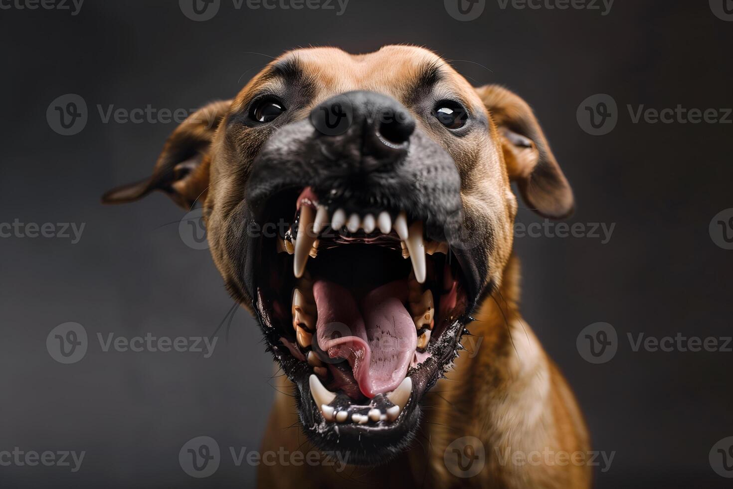 Head shot of aggressive dog barking. Rabies virus infection concept. photo