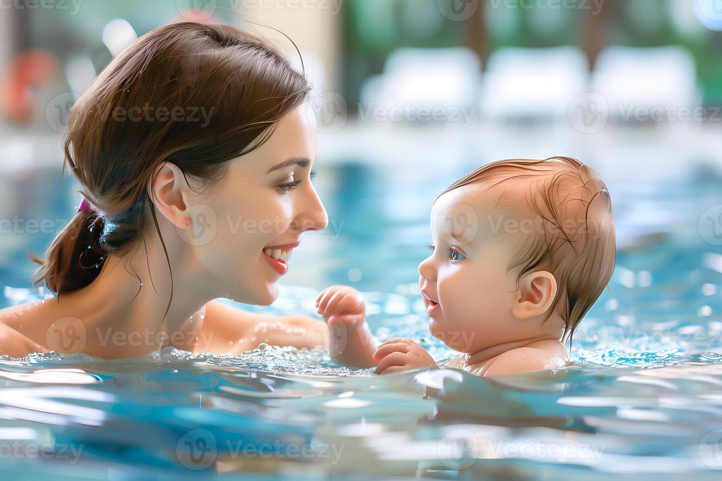 Beautiful Caucasian young mother and her baby in the swimming pool. photo