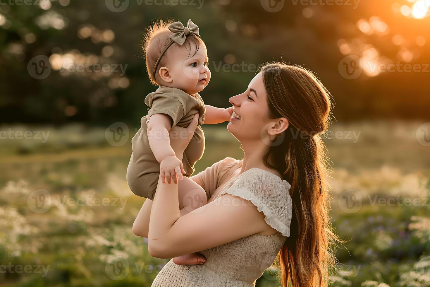Caucasian mother and her baby at meadow photo
