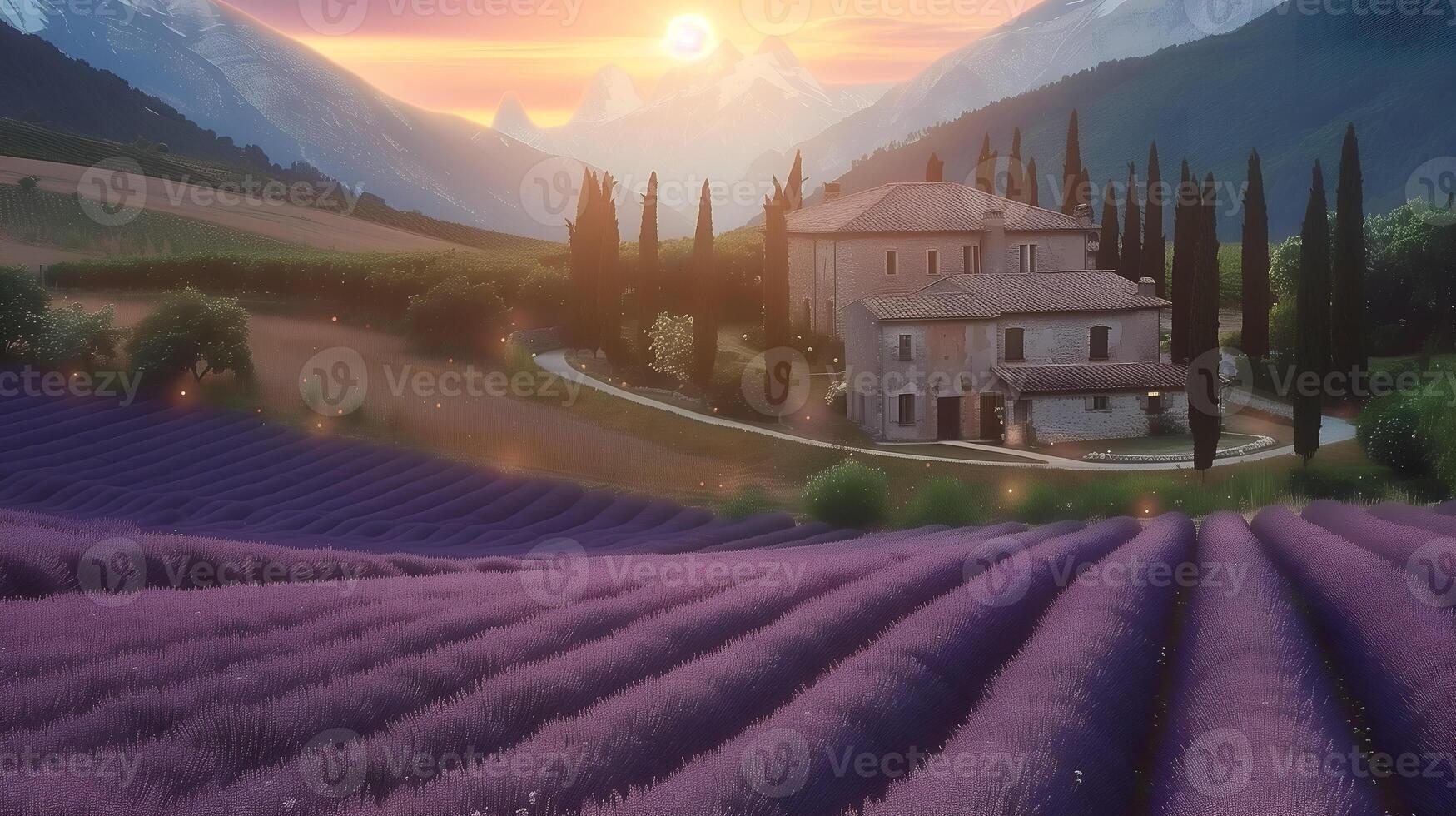 French lavender flowers field, traditional house and mountains at sunset. photo