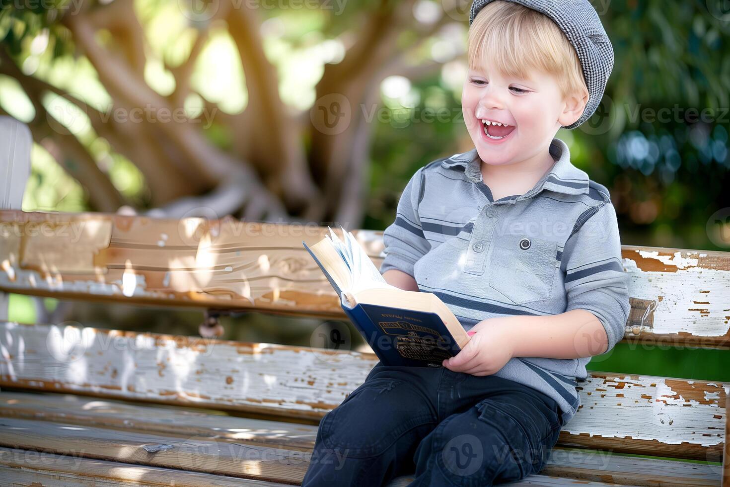 Cute little boy reading holy bible book at countryside photo