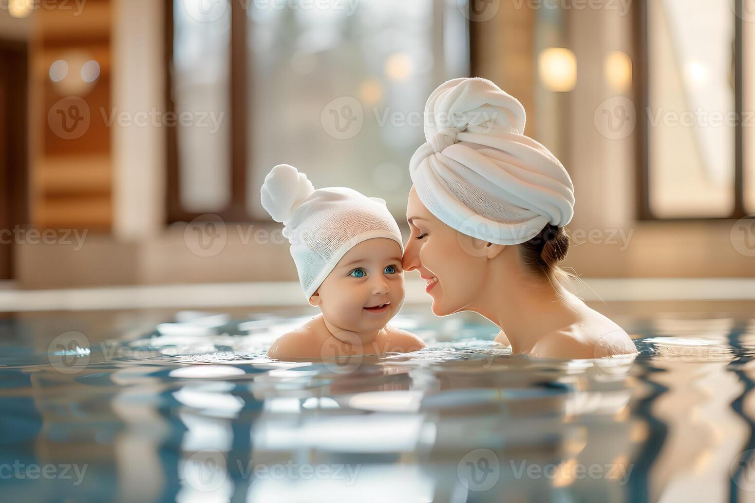 Beautiful Caucasian young mother and her baby in the swimming pool. photo