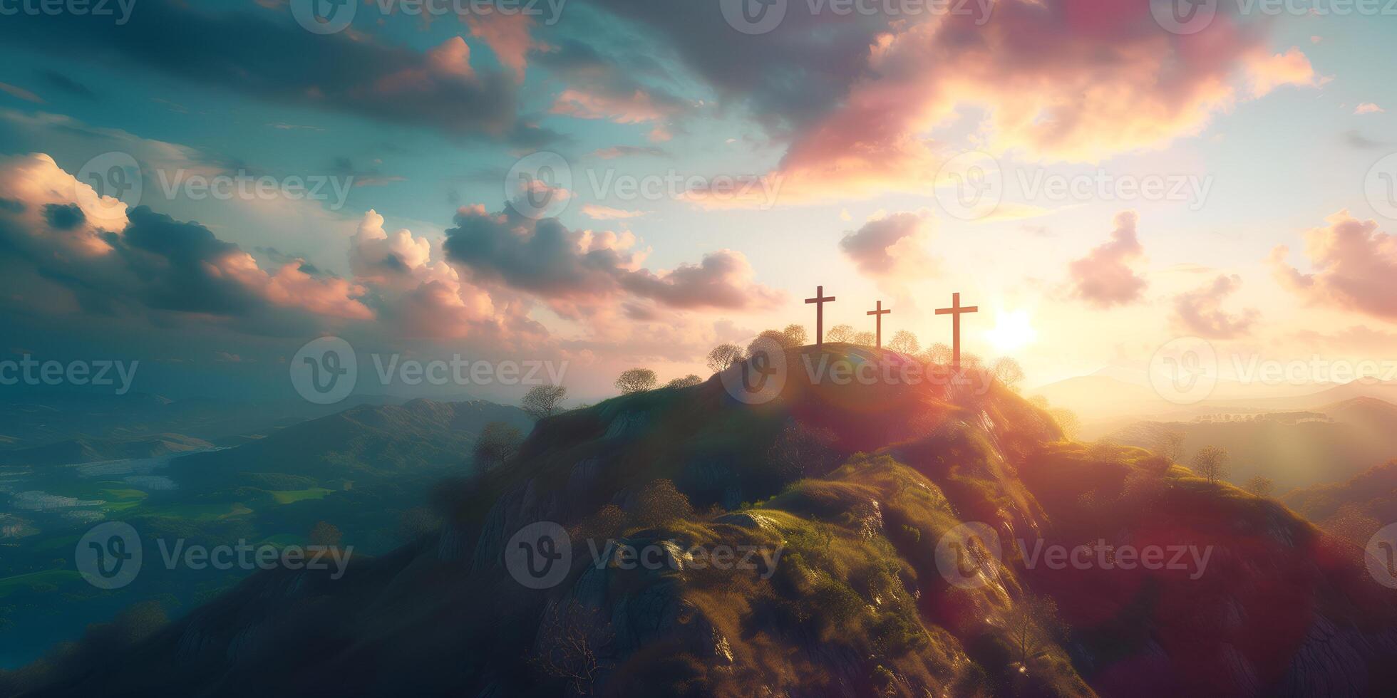 Three christian crosses on the mountain at sunrise, the crucifixion of Jesus Christ photo