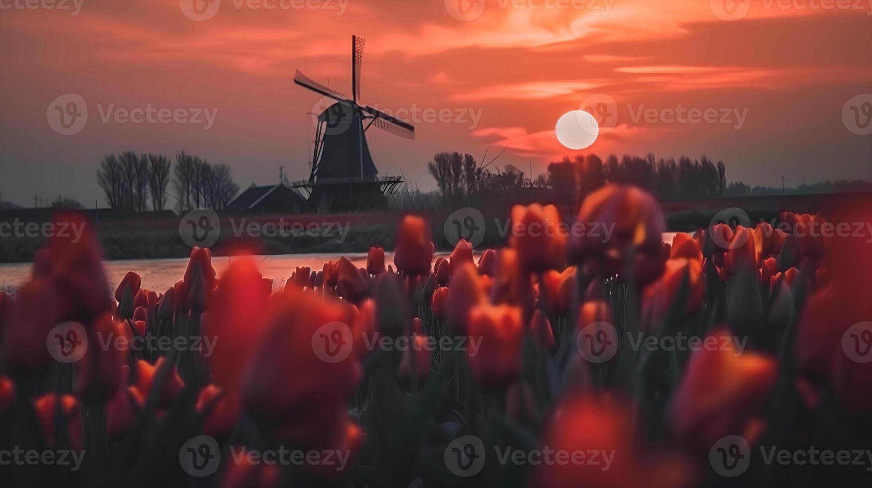 Landscape of red tulip field and traditional dutch windmill in Netherland photo