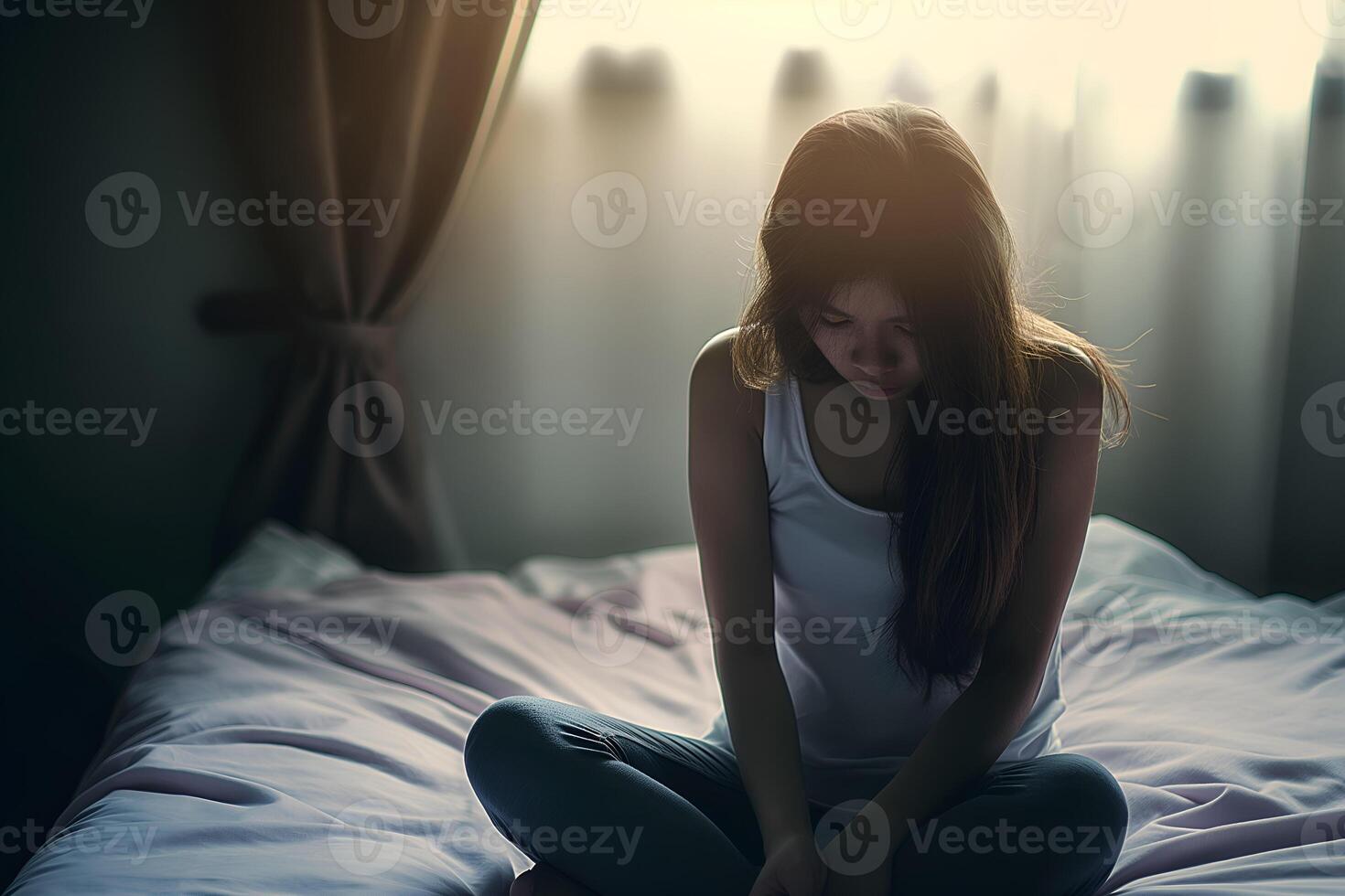 Asian girl feeling sad and lonely in the bedroom under dim light photo