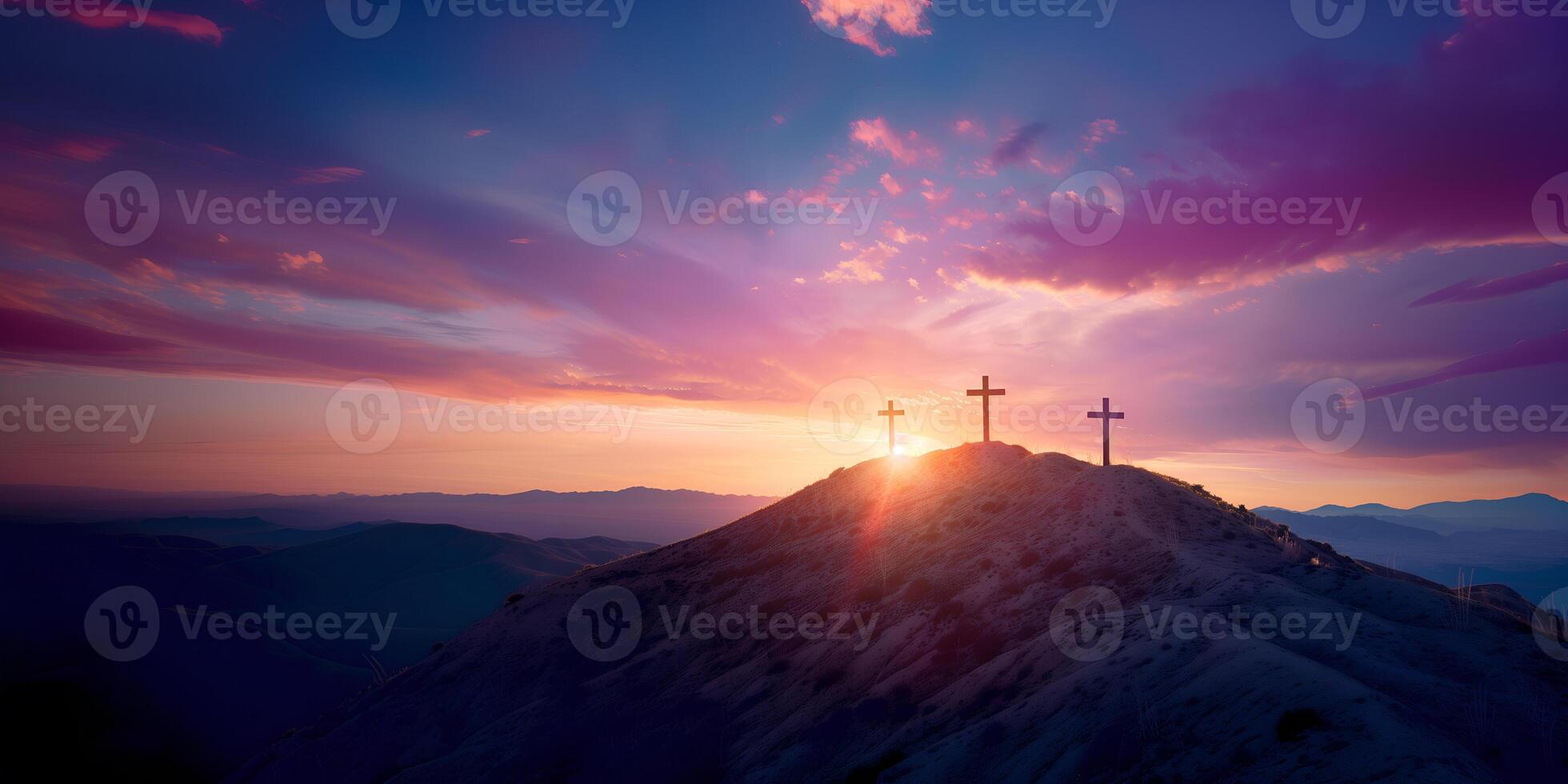 Three christian crosses on the mountain at sunrise, the crucifixion of Jesus Christ photo