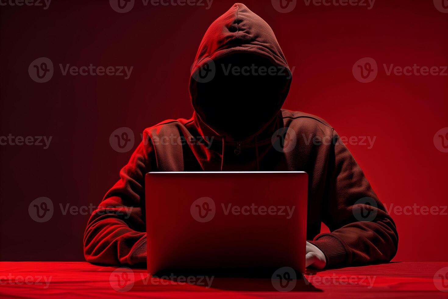 Anonymous hacker typing computer laptop. Cybercrime, cyberattack, dark web concept. photo