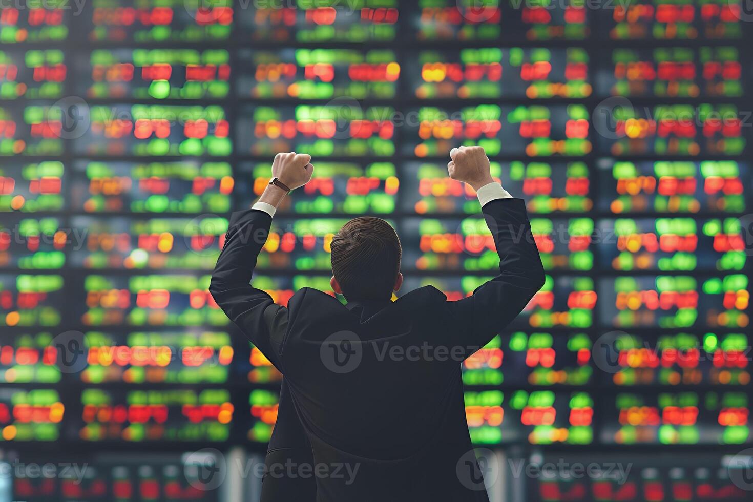 Back view of successful trader in front of stock market board photo