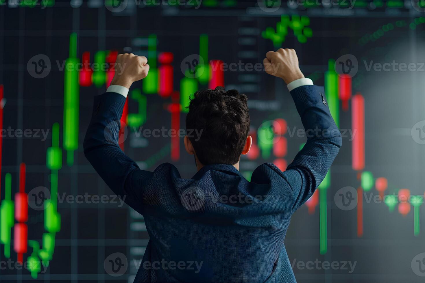 Back view of successful trader in front of stock market board photo