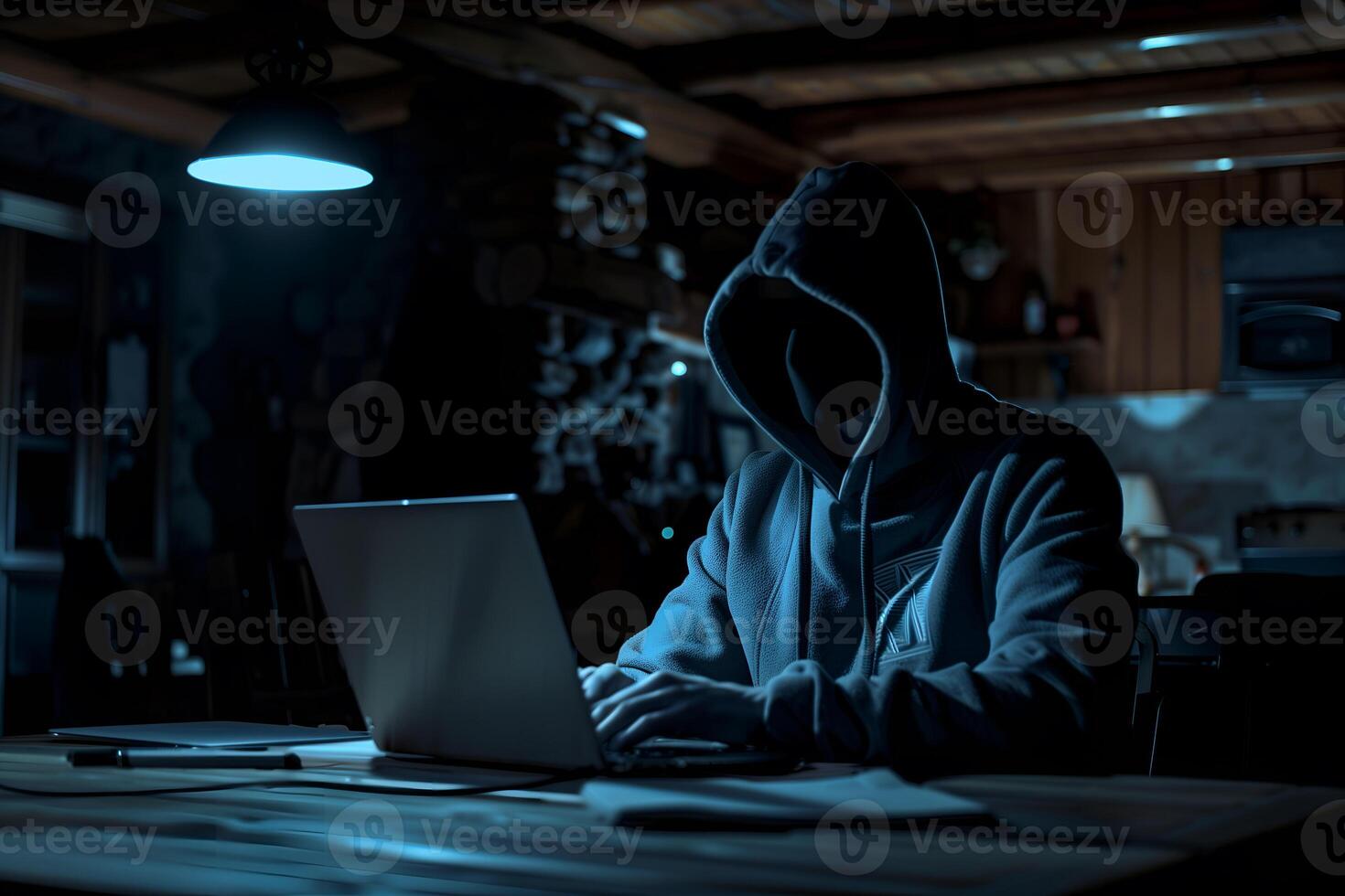 Anonymous hacker typing computer laptop. Cybercrime, cyberattack, dark web concept. photo