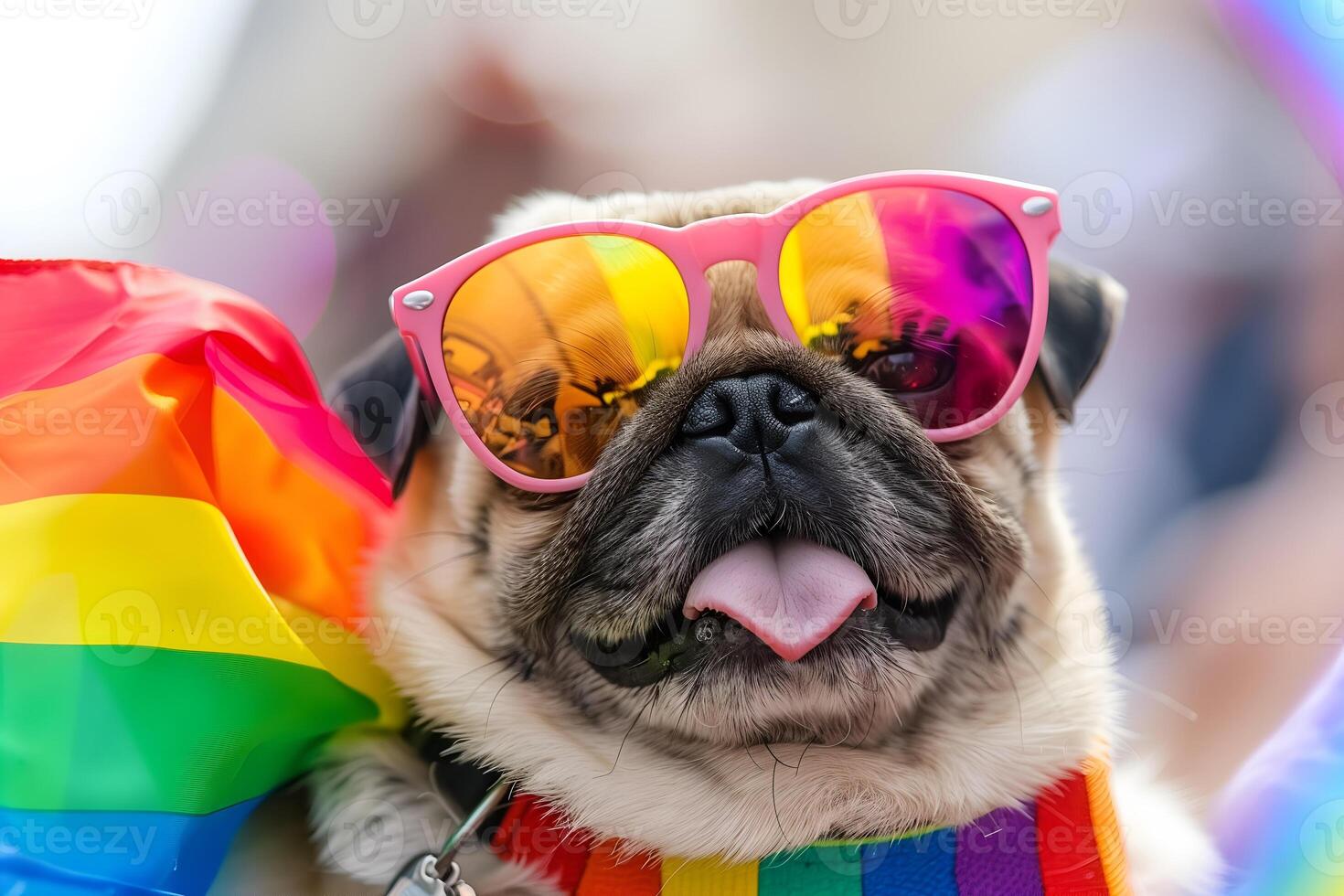 Fashionable PUG pet dog in pride parade. Concept of LGBTQ pride. photo
