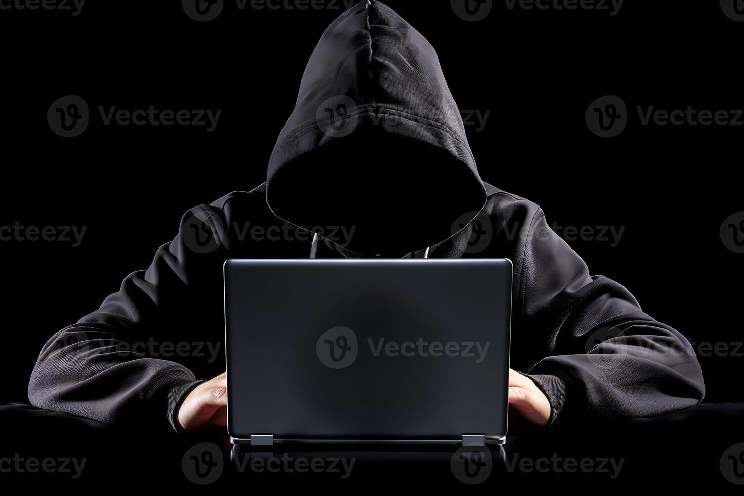 Anonymous hacker typing computer laptop. Cybercrime, cyberattack, dark web concept. photo