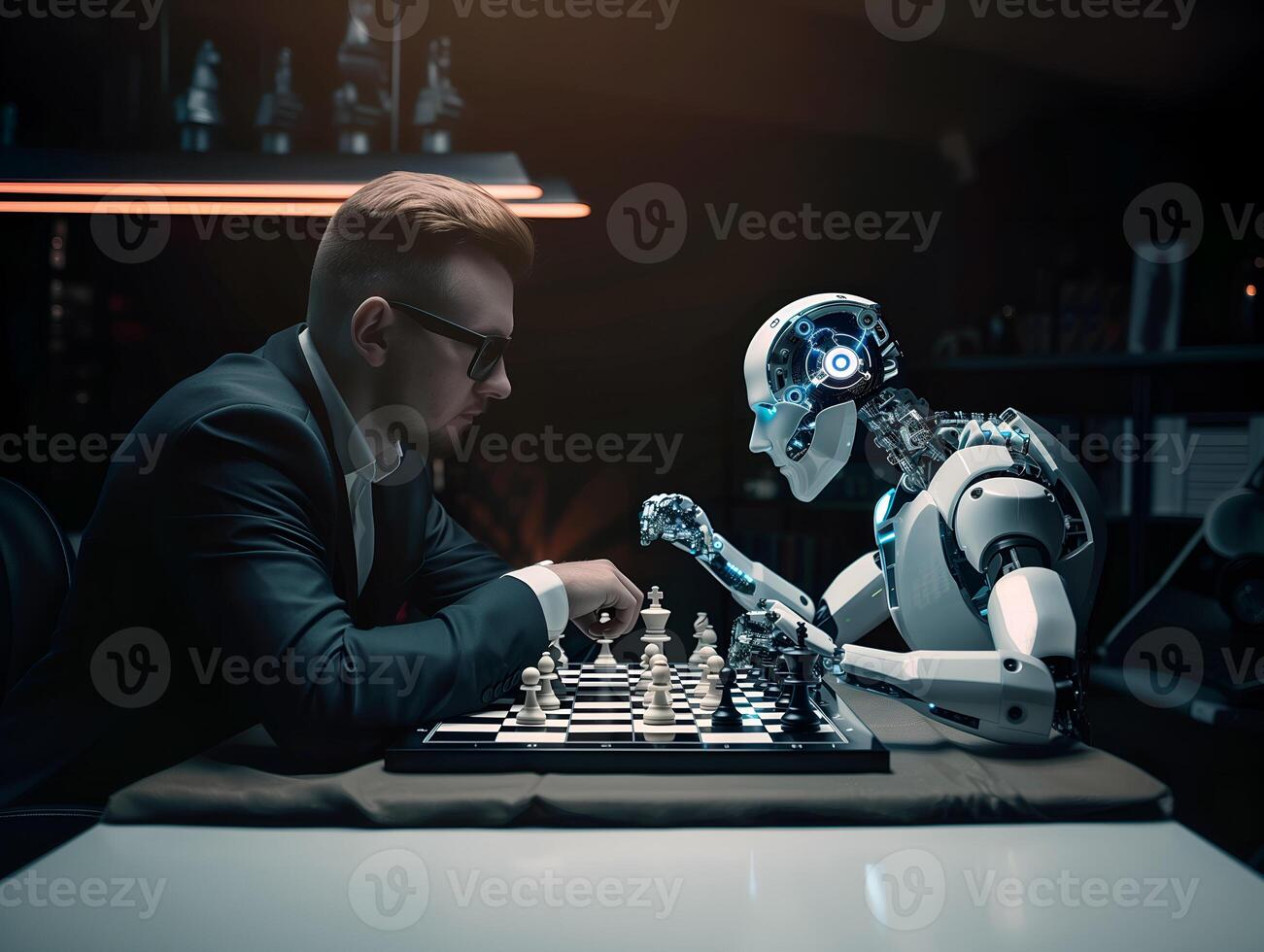 Businessman and AI robot playing chess. Concept of human and robot war in future photo