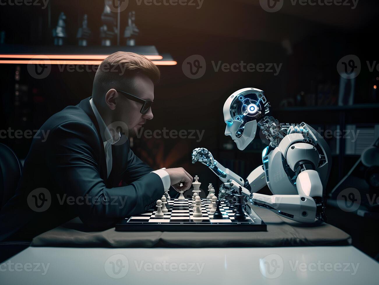 empresario y ai robot jugando ajedrez. concepto de humano y robot guerra en futuro foto