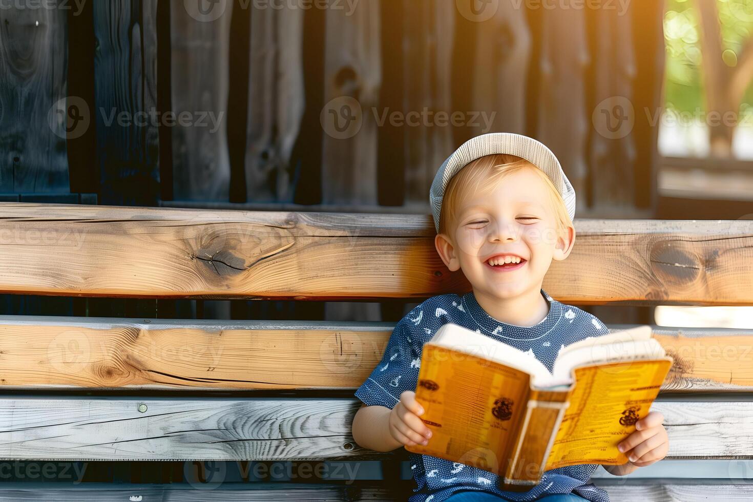 Cute little boy reading holy bible book at countryside photo