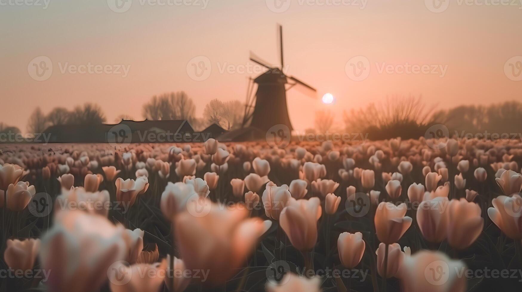 Landscape of beautiful tulip field in Netherland at sunset photo