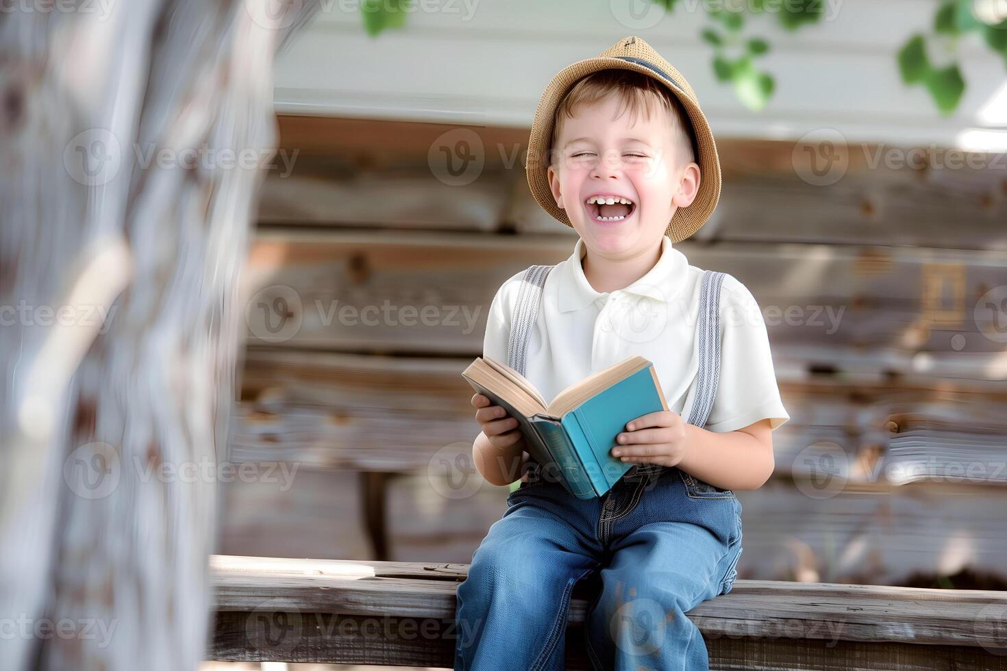 Cute little boy reading holy bible book at countryside photo