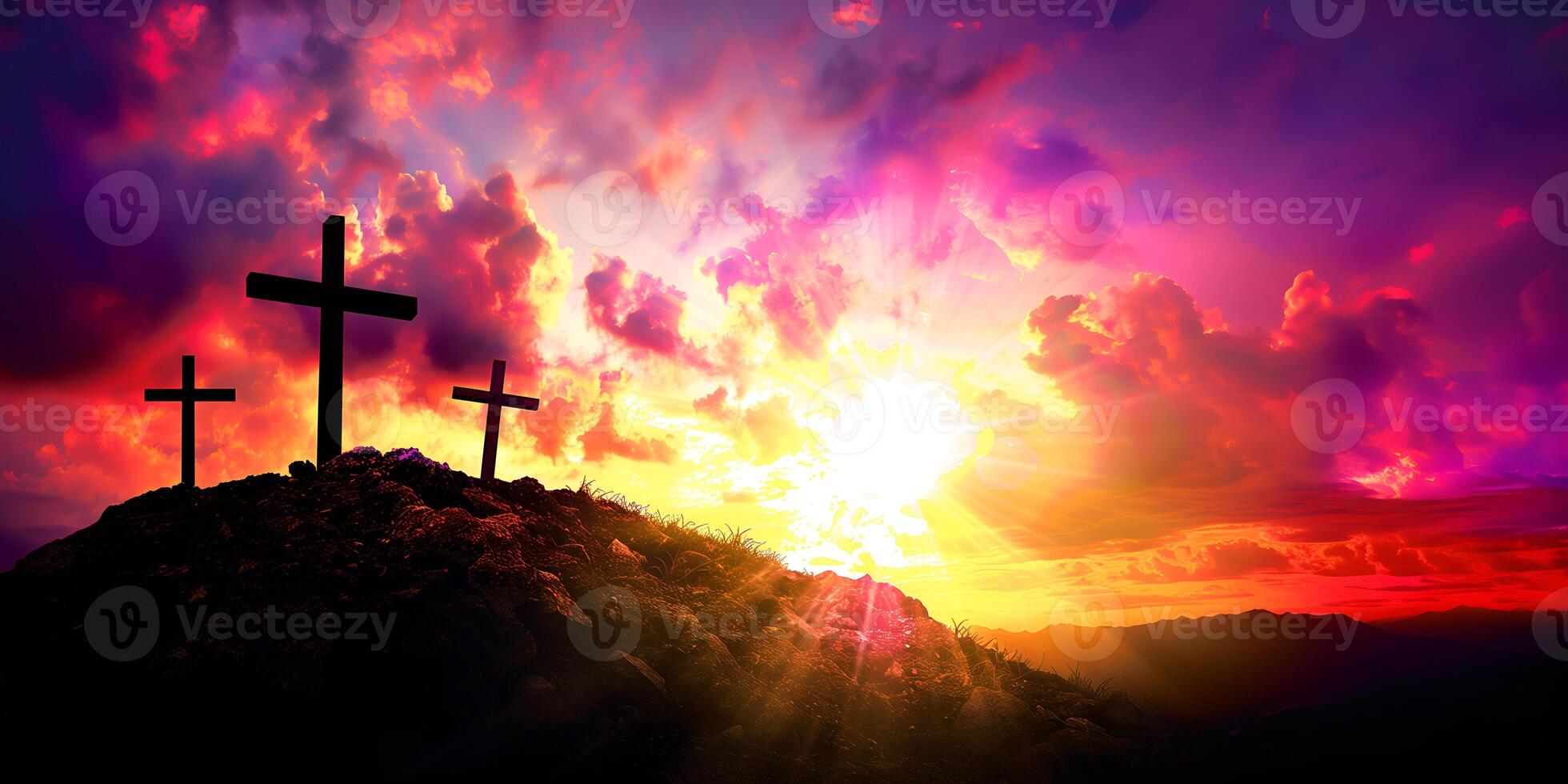 Three christian crosses on the mountain at sunrise, the crucifixion of Jesus Christ photo