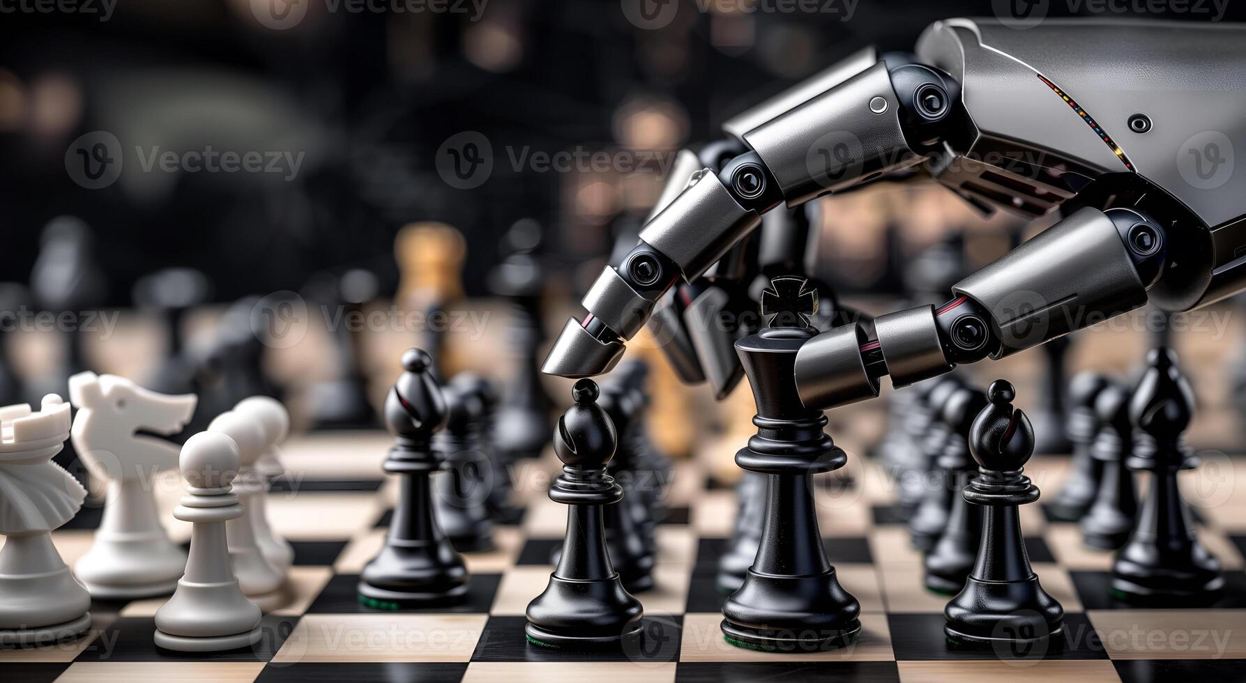 Closeup of hand of AI robot playing chess photo
