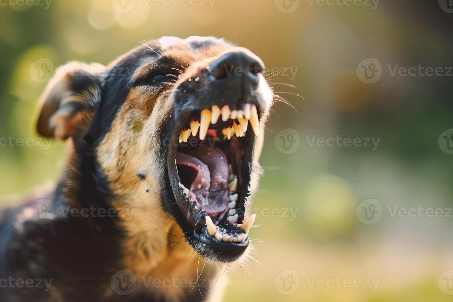 Head shot of aggressive dog barking. Rabies virus infection concept. photo