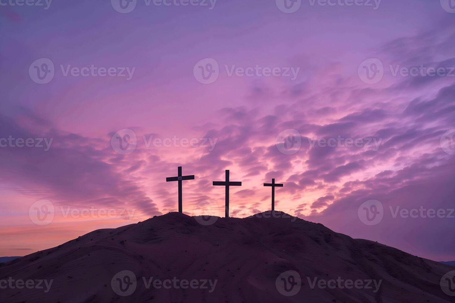 Three christian crosses on the mountain at sunrise, the crucifixion of Jesus Christ photo