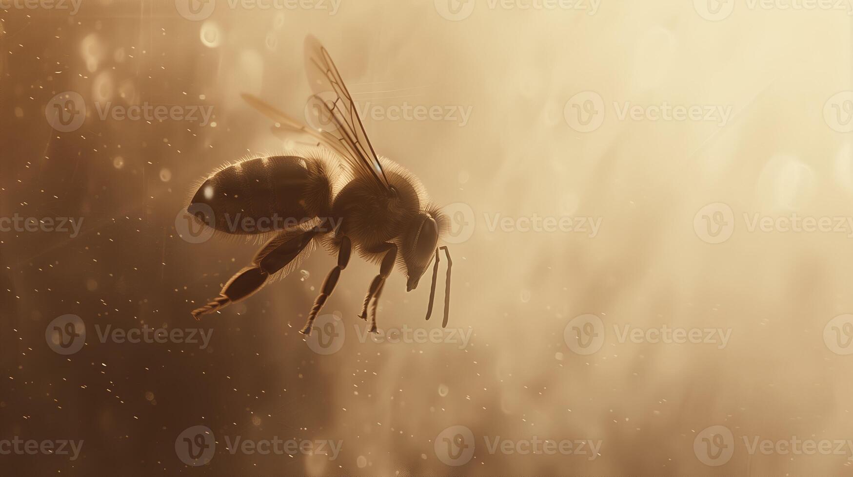 Closeup view of flying honey bee photo