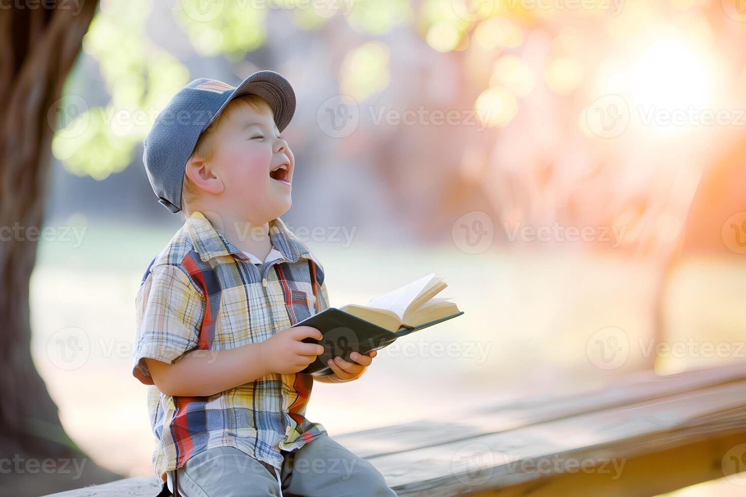 Cute little boy reading holy bible book at countryside photo