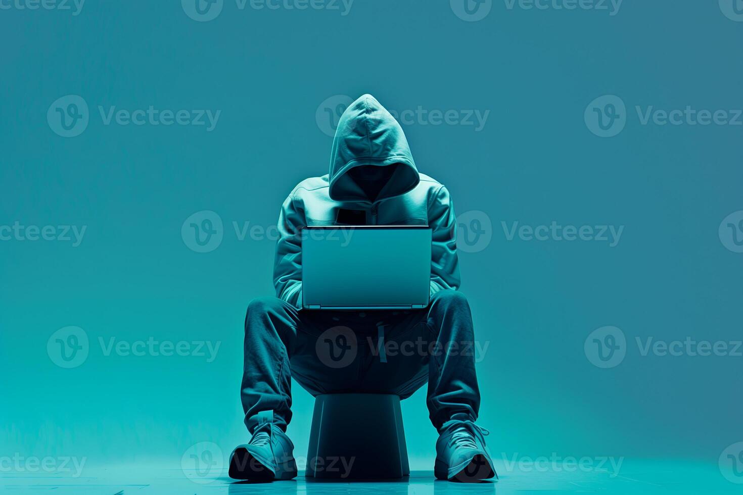 Fashionable anonymous hacker typing computer laptop. Cybercrime, cyberattack, dark web concept. photo
