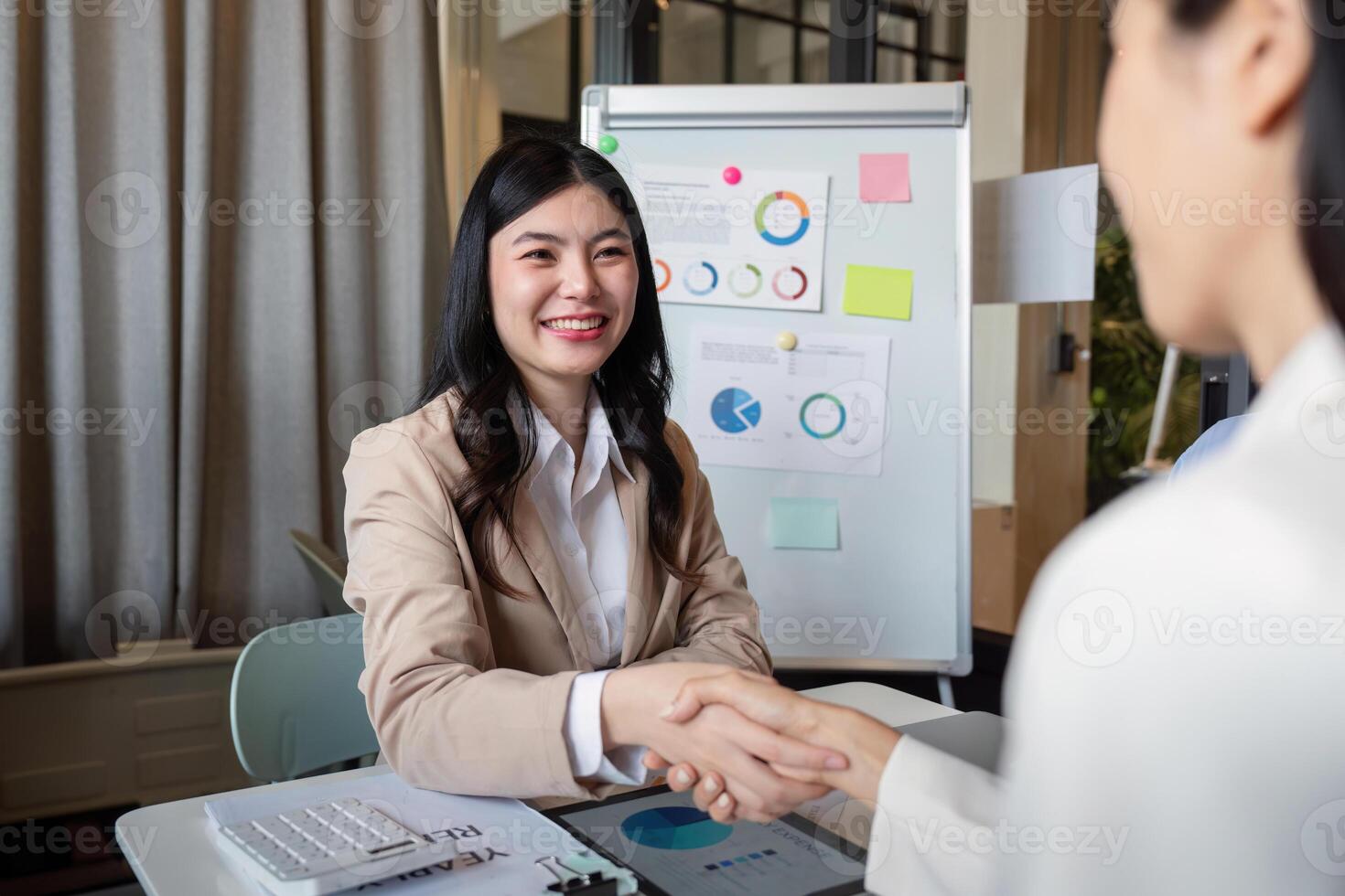 Business handshake for teamwork ,successful negotiate, businessman shake hand with partner to celebration partnership and business deal concept photo