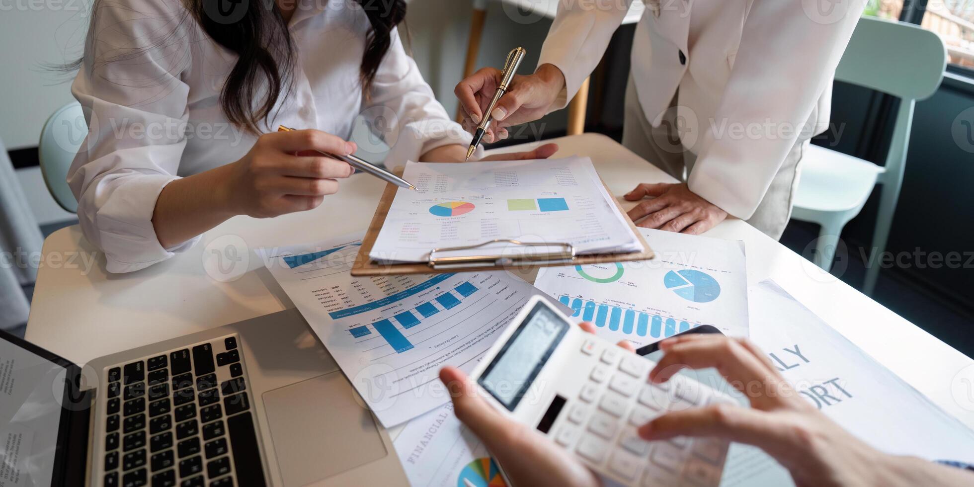 Business team talking planning analyze investment and marketing on tablet, collaboration discussing working analyzing with financial data and marketing business strategy project in office photo